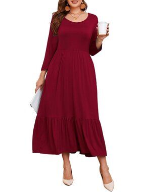 Women's Wine Red 1 Crew Neck 3/4 Sleeve Pull On A LINE Plus Size Maxi Dress
